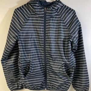 Miss London Sport Women Striped Hooded Windbreaker Jacket Size Small Navy White